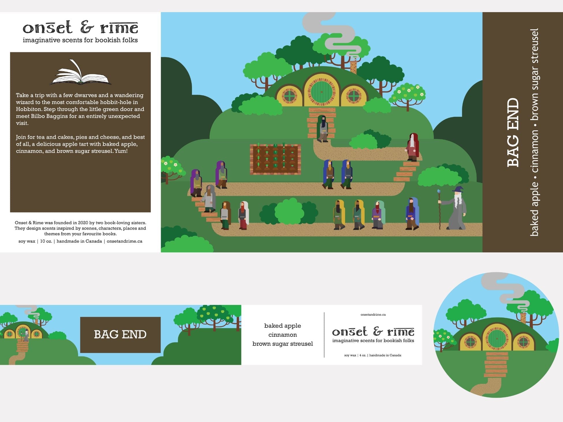 A close up view of the label for the Onset & Rime apple tart scented candle called 