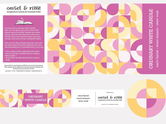 A close up view of the label for the Onset & Rime flannel scented candle called "Ordinary White Candle". The label is a geometric pattern of pink, yellow and white circles and teardrops. The text on the label is "Ordinary White Candle - Warm Flannel, Lemon Blossom, Sheer Musk".