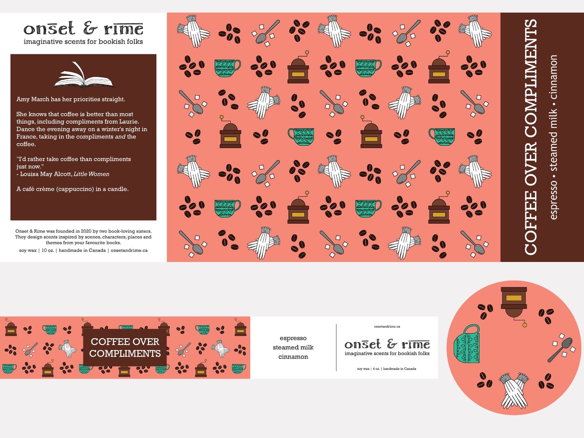 A close up view of the label for the Onset & Rime cappucino scented candle called 