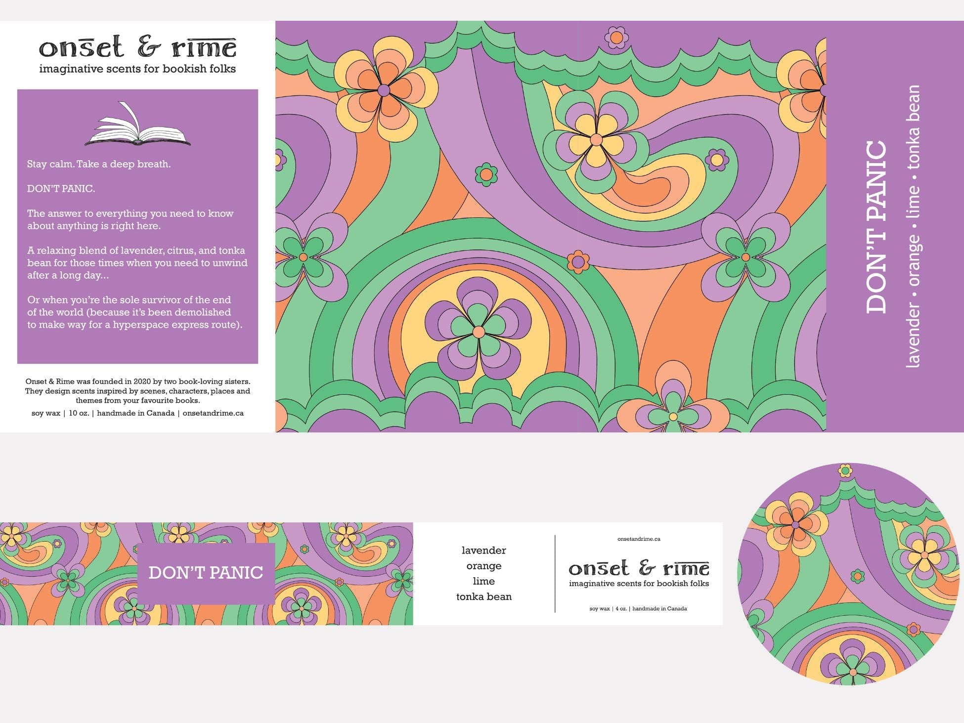 A close up view of the label for the Onset & Rime relaxing lavendar scented candle called 