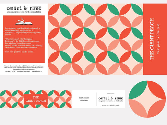 A close up view of the label for the Onset & Rime fresh peach scented candle called "The Giant Peach". The label has a light peach background with a darker peach and green circular pattern. The text on the label is "The Giant Peach - Fresh Peach, Lime Zest".