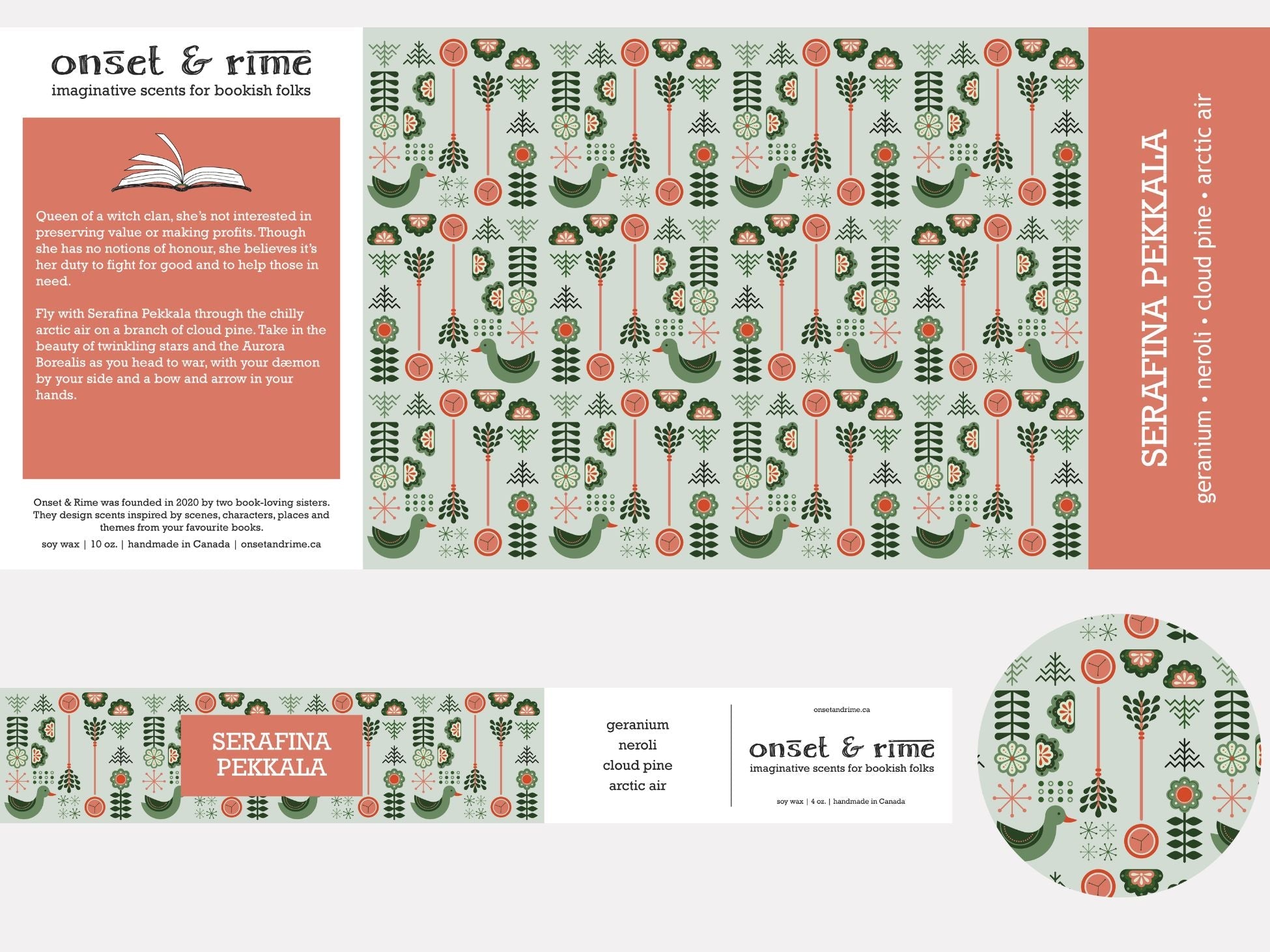 A close up view of the label for the Onset & Rime floral pine scented candle called 