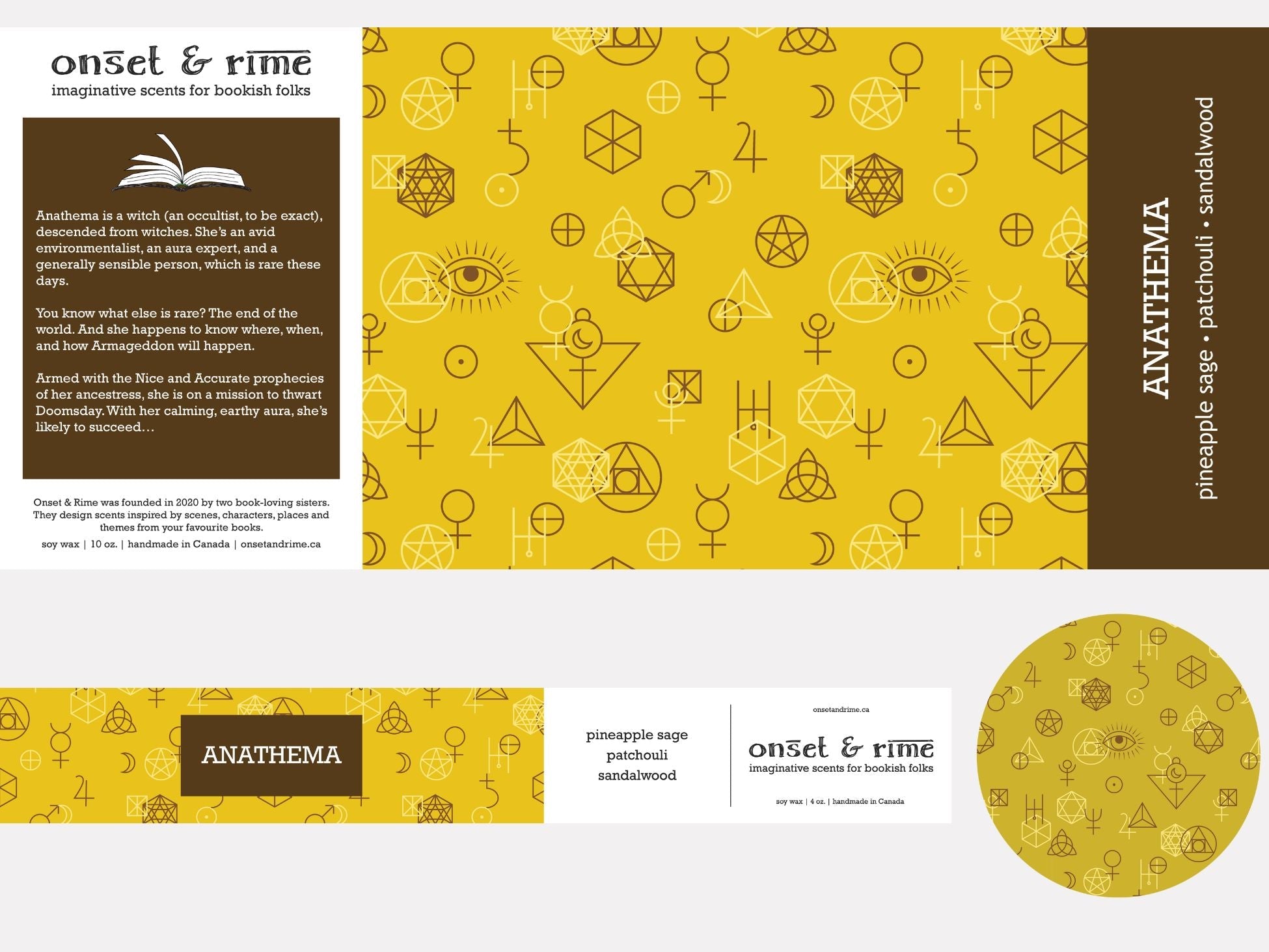 A close up view of the label for the Onset & Rime earthy, herbal scented candle called 