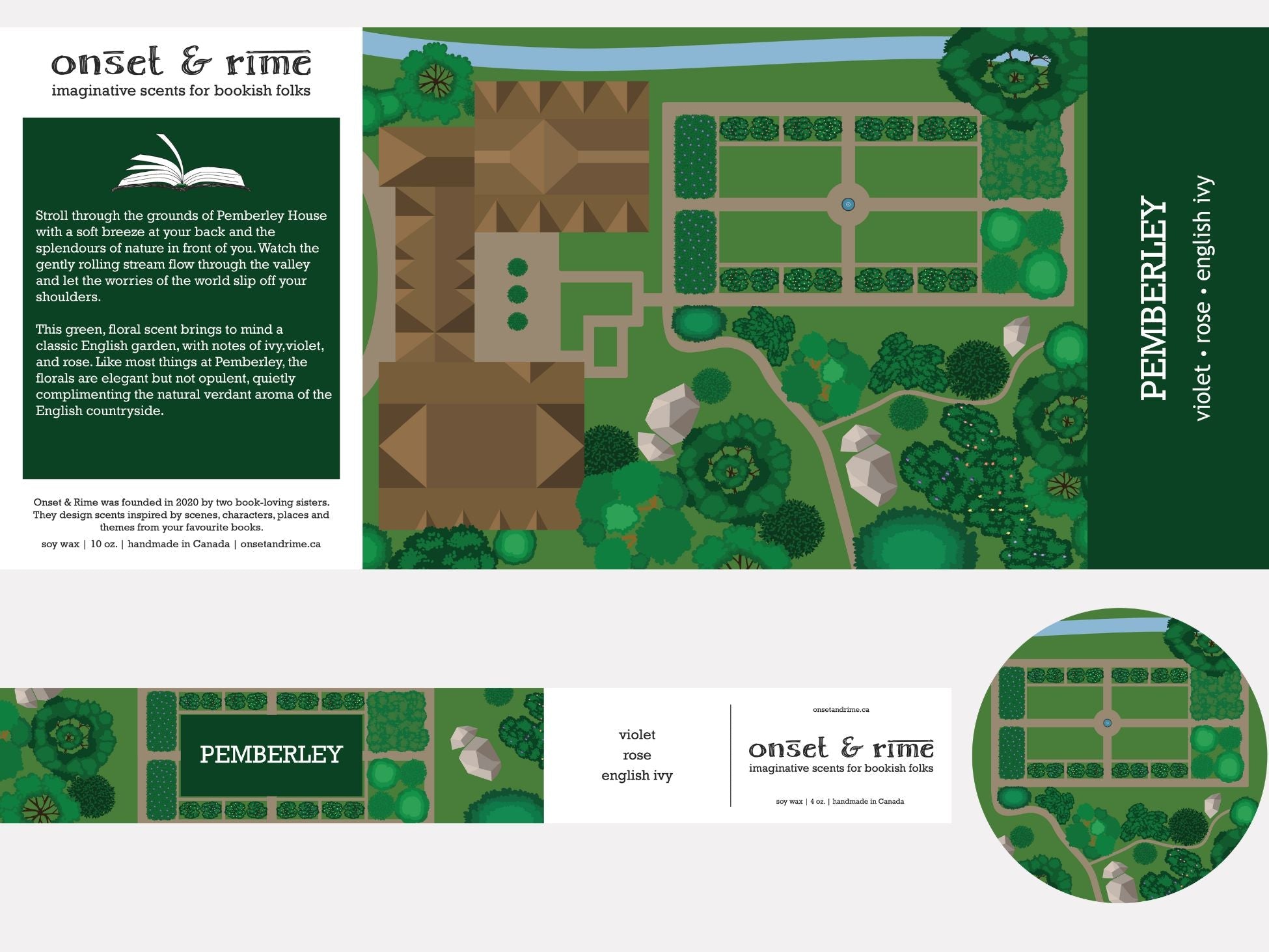 A close up view of the label for the Onset & Rime English garden scented candle called 