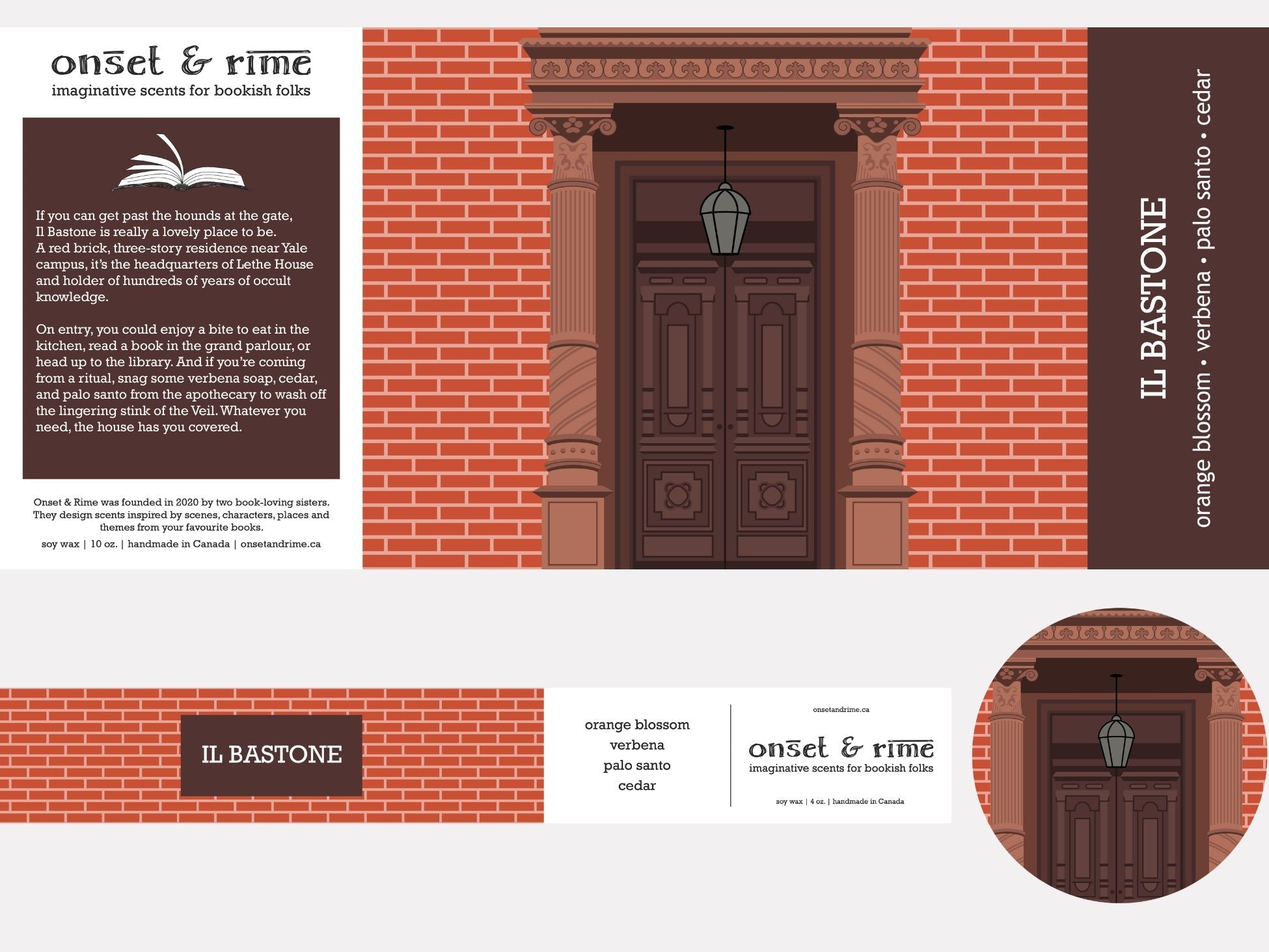 A close up view of the label for the Onset & Rime apothocary scented candle called "Il Bastone". The label shows a detailed wood front door on a red brick house. The text on the label is "Il Bastone - Orange Blossom, Verbena, Palo Santo, Cedar".